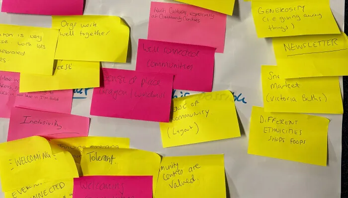 board covered in pink and yellow post it notes with writing on them 